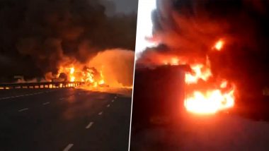 Gujarat Fire: Massive Blaze Erupts After Tanker Overturns on Ahmedabad-Mumbai National Highway in Valsad, Fire Tenders Reach at Spot (Watch Video)